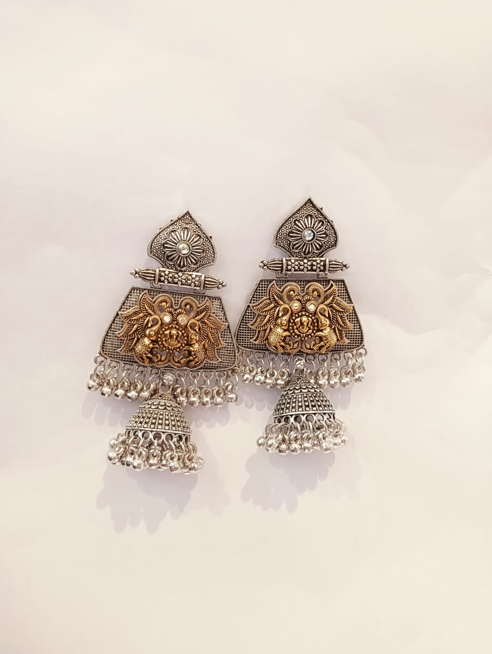 Antique Dual-Tone Oxidized Temple Jhumka Earrings for Women