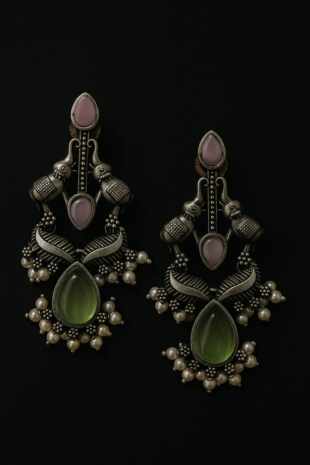 Antique Peacock Design Chandbali Earrings with Green & Pink Stones