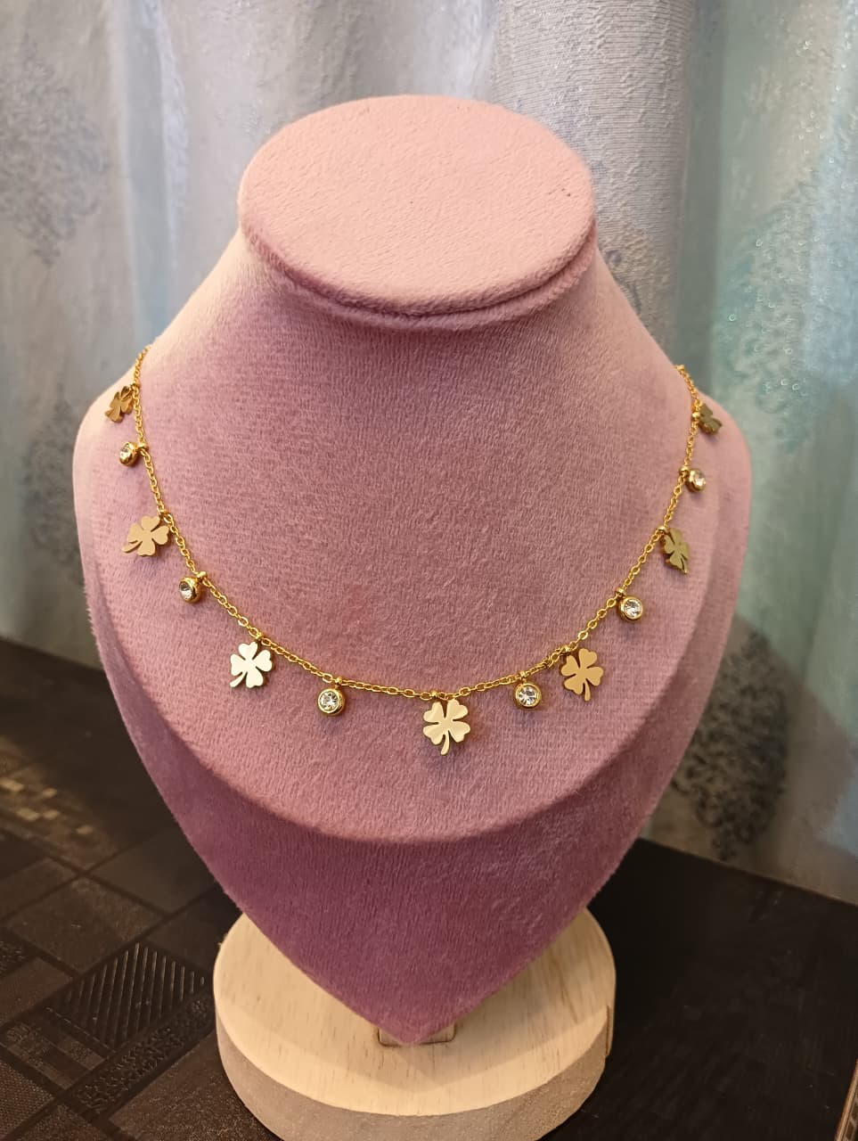 Gold-Toned Clover Charm Necklace for Women – Lucky Four-Leaf Pendant Chain with Crystal Drops