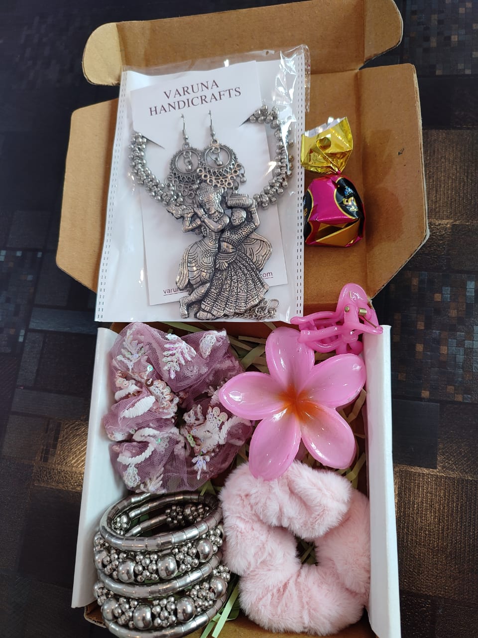 Radha Krishna Oxidized Necklace Gift Combo | Janmashtami Special Jewellery & Hair Accessories Hamper by Varuna Handicrafts