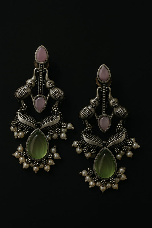 Antique Peacock Design Chandbali Earrings with Green & Pink Stones