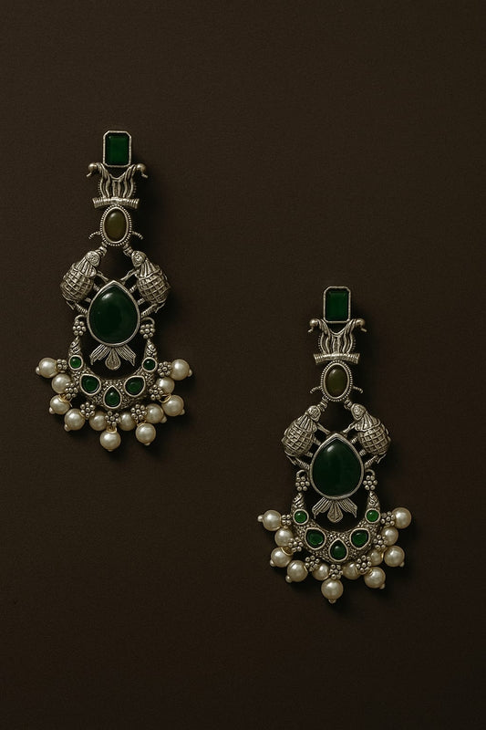 Antique Oxidized Silver Earrings with Green Stones & Pearls – Traditional Peacock Design Jhumka Style