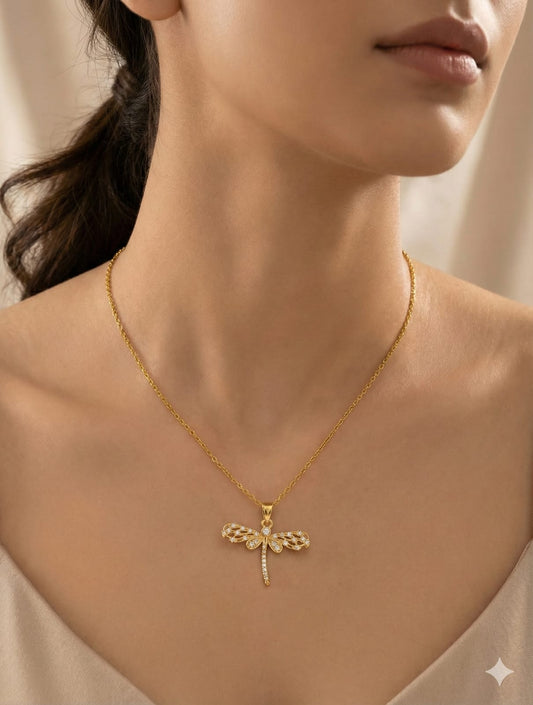 Elegant Gold-Plated Dragonfly Pendant Necklace for Women & Girls | CZ Studded Trendy Chain | Daily & Party Wear Jewellery