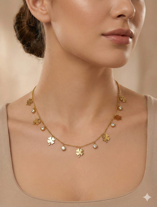 Gold-Toned Clover Charm Necklace for Women – Lucky Four-Leaf Pendant Chain with Crystal Drops