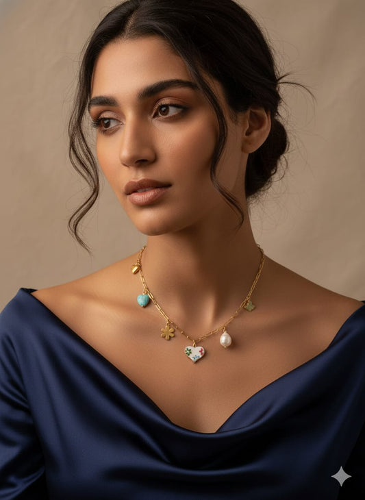 Trendy Gold-Toned Charm Necklace for Women – Heart, Pearl & Clover Pendant Chain
