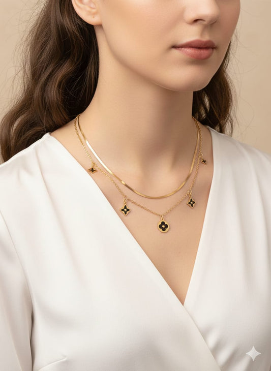 Double Layer Gold Necklace for Women with Black Enamel Charms – Elegant Layered Choker Jewelry