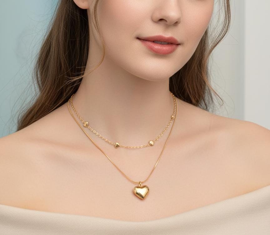 Double Layer Gold Heart Pendant Necklace for Women – Elegant Layered Chain Jewelry