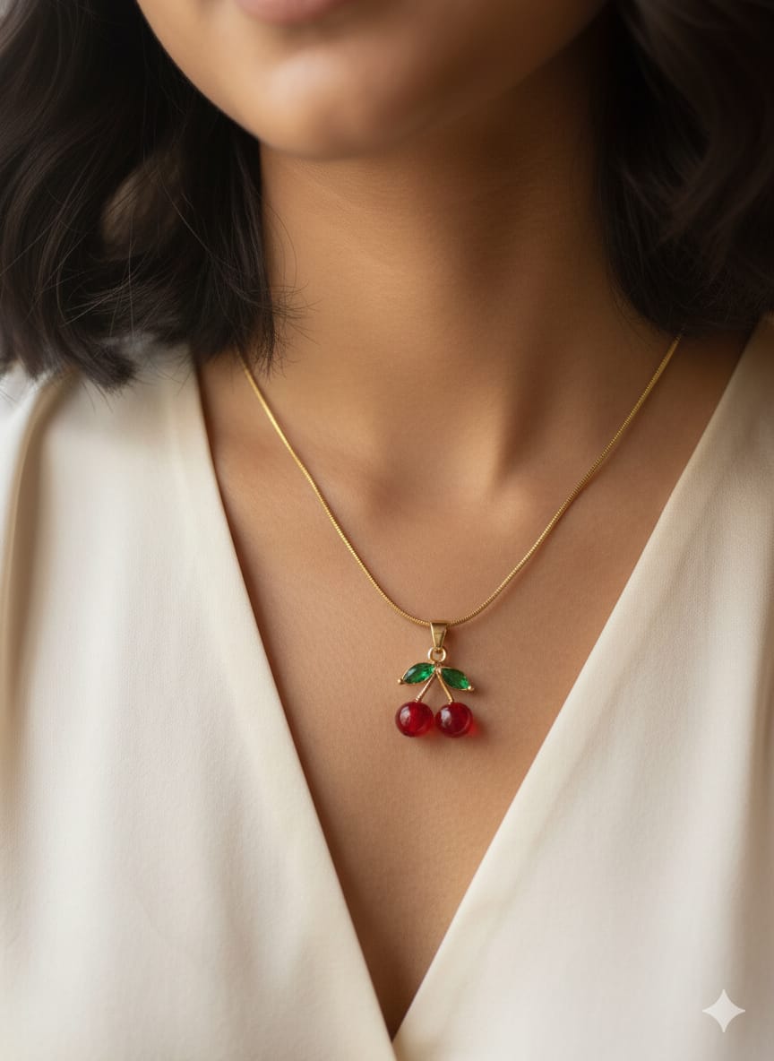Gold Cherry Pendant Necklace for Women – Cute Red Crystal Fruit Charm Jewelry