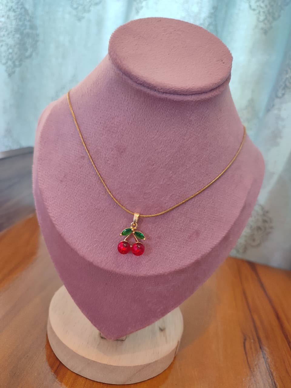 Gold Cherry Pendant Necklace for Women – Cute Red Crystal Fruit Charm Jewelry