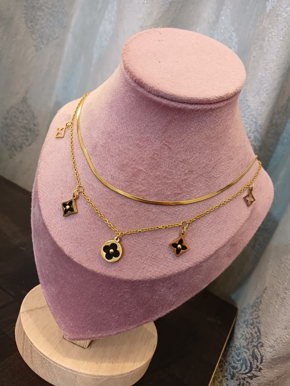 Double Layer Gold Necklace for Women with Black Enamel Charms – Elegant Layered Choker Jewelry